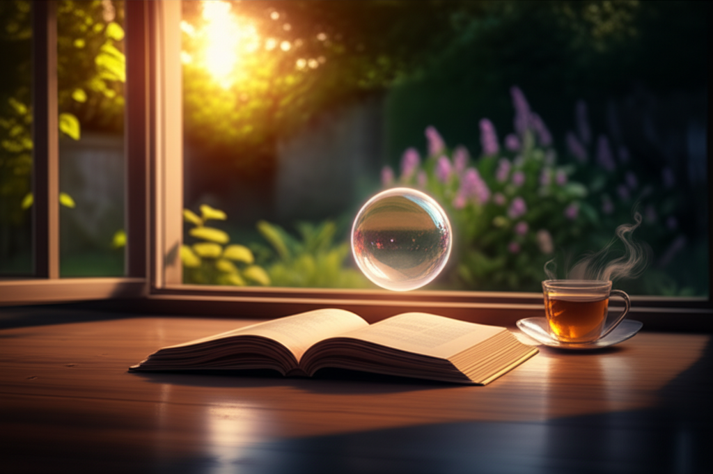 A serene study room at dusk, a soft glowing holographic orb floating above a wooden desk with a sing