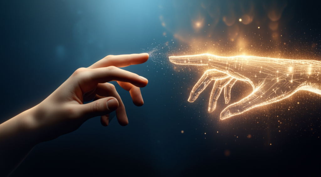 An abstract representation of a human hand and a glowing digital hand reaching towards each other, s
