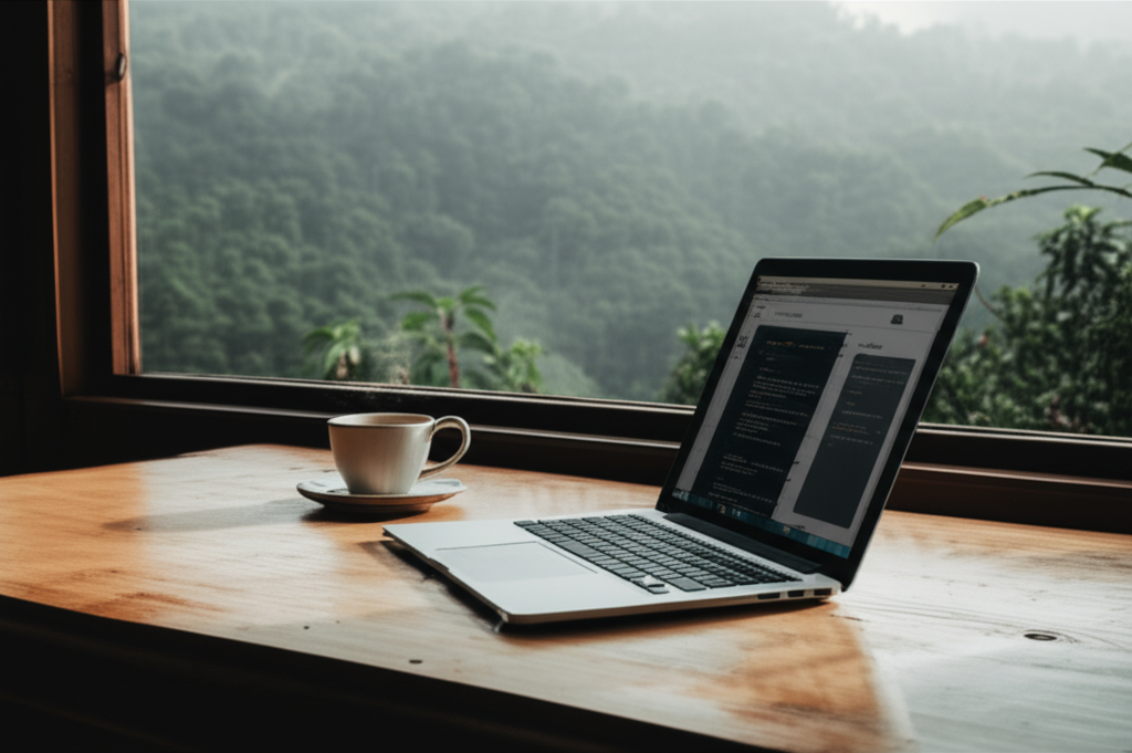 A serene wooden desk overlooking a misty mountain forest in Chiang Mai, a sleek laptop open displayi