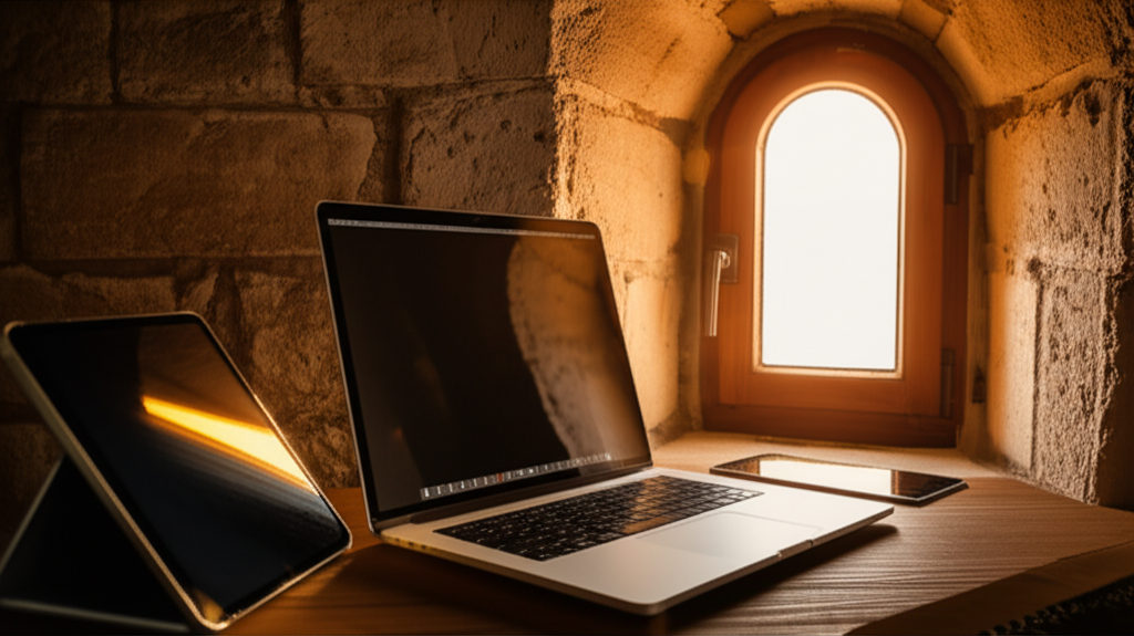 A high-tech digital nomad setup inside a traditional Mediterranean stone house, warm golden hour lig