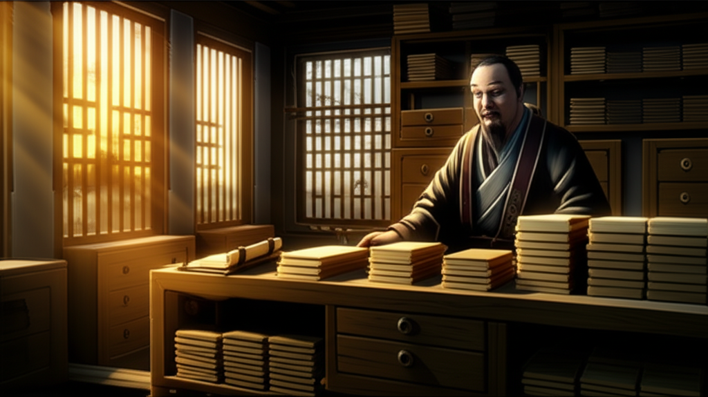 An ancient Chinese scholar-physician in a traditional library filled with bamboo scrolls and herbal 