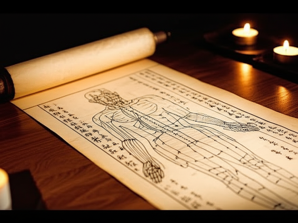 An ancient Chinese medical scroll unrolled on a dark wooden table, featuring intricate line drawings