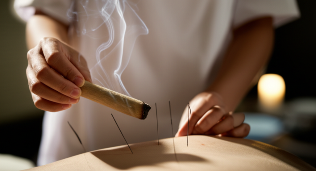 A close-up shot of a professional practitioner's hands performing moxibustion, holding a burning mox