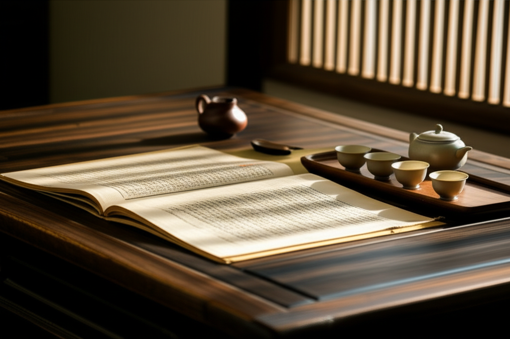 A serene, traditional Chinese study room with a wooden desk, an open ancient thread-bound book with 