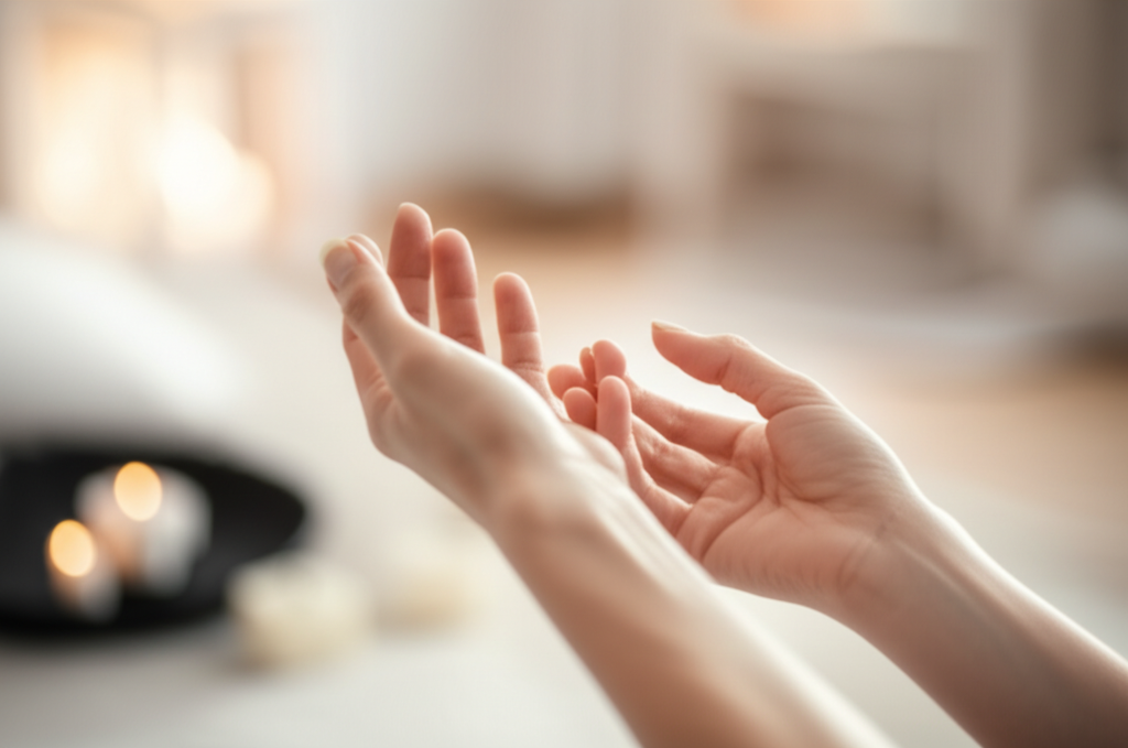 A close-up of a person's hand gently pressing the Neiguan acupoint on their inner forearm in a calmi