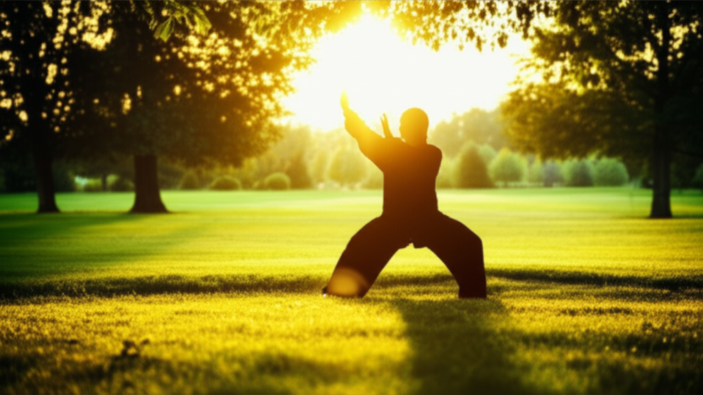 A wide-angle shot of a person practicing Tai Chi or slow movement in a lush green park during sunris