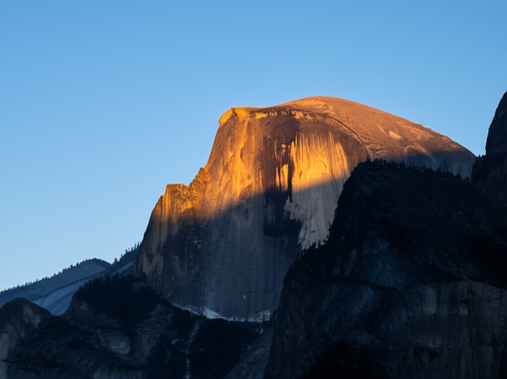 A serene mountain landscape during sunrise, where the soft golden morning light hits one side of the