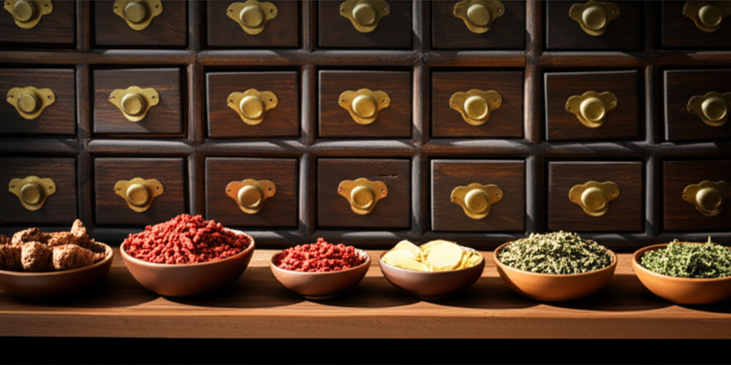 A close-up of a traditional Chinese apothecary cabinet made of dark aged wood with many small drawer