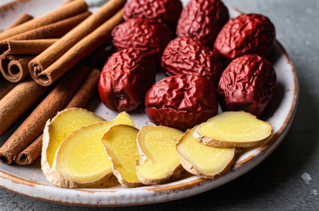 A close-up of high-quality traditional Chinese herbs, including cinnamon sticks, fresh ginger slices