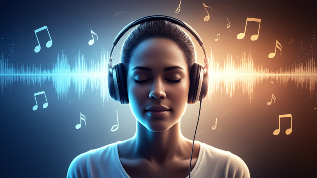 A serene individual wearing high-end headphones, eyes closed in a state of relaxation, surrounded by