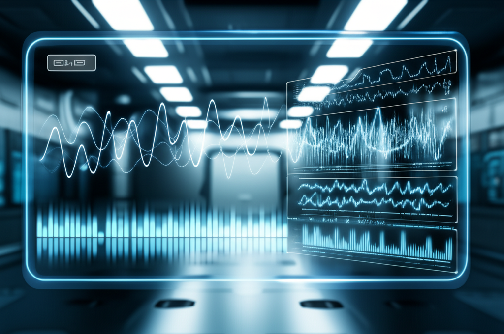 A futuristic laboratory setting where a digital holographic interface displays complex brainwave pat