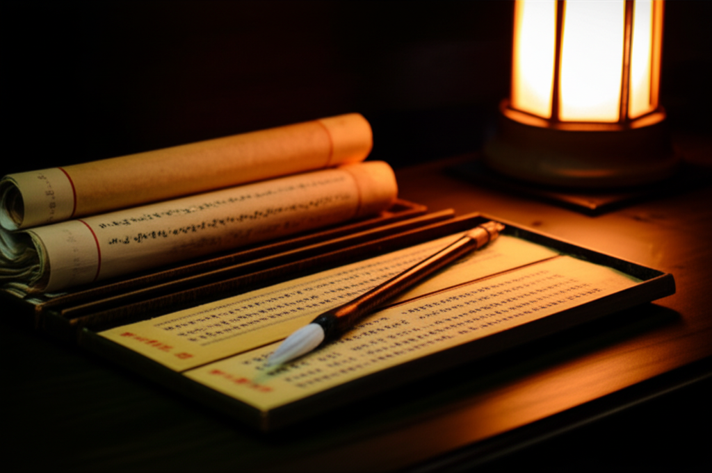 A high-quality, photorealistic depiction of an ancient Chinese scholar's study, featuring aged bambo