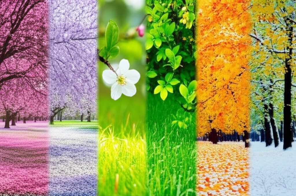 A vibrant landscape showing the transition of four seasons in one artistic composition: spring bloss
