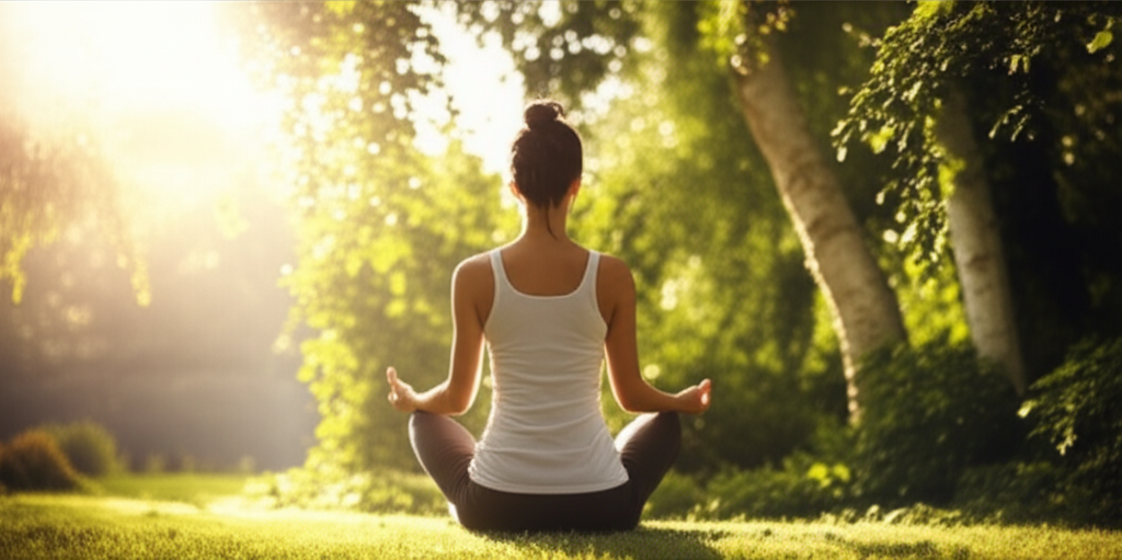 A peaceful person meditating in a garden with soft morning sunlight filtering through trees. The sce