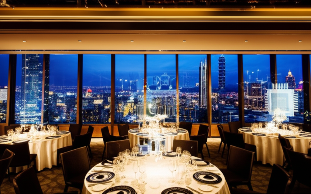 A futuristic high-tech banquet hall in Taipei, floor-to-ceiling windows showing the Taipei 101 skyli