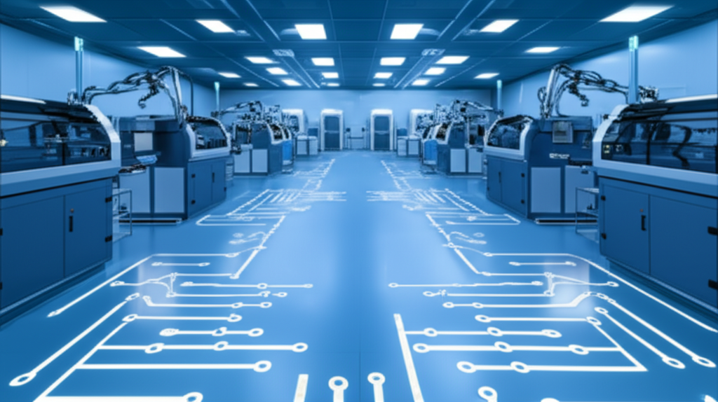 A vast, modern semiconductor cleanroom with robotic arms and advanced lithography machines, blue and