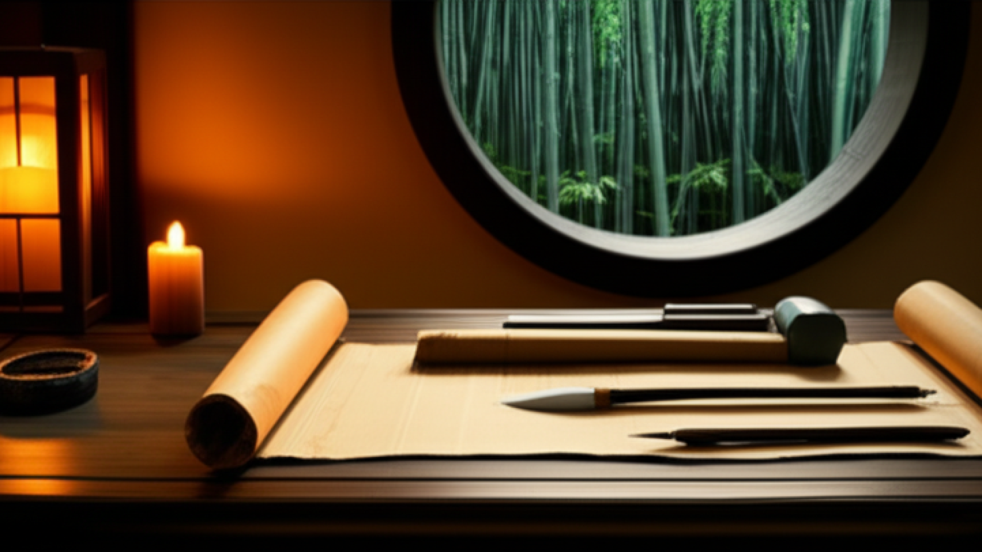 An ancient Chinese study room with warm candle light, featuring an open bamboo scroll on a wooden de