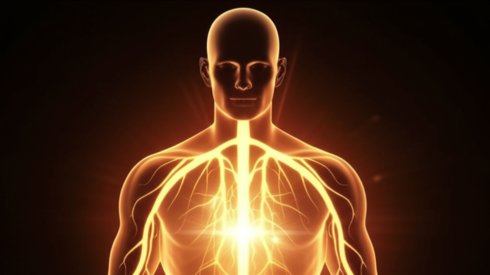 A high-quality conceptual visualization of human internal energy, showing warm golden light radiatin