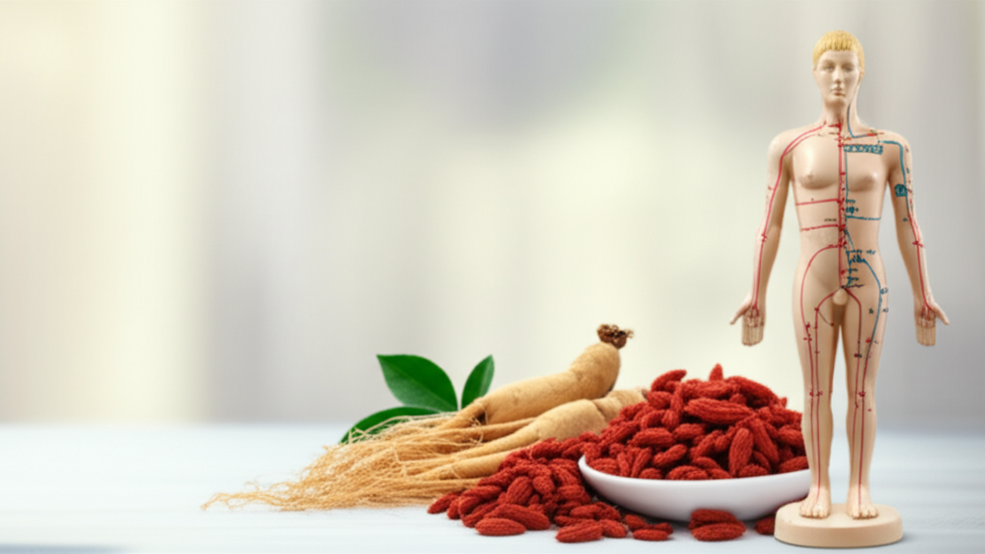 A balanced composition of traditional Chinese medicinal herbs like ginseng and goji berries next to 