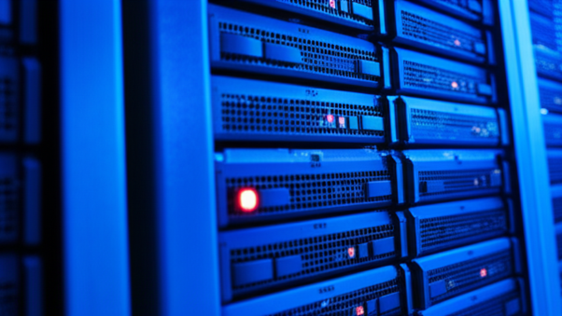 A high-tech server room with glowing blue lights, focus on a single blinking red light on a server r