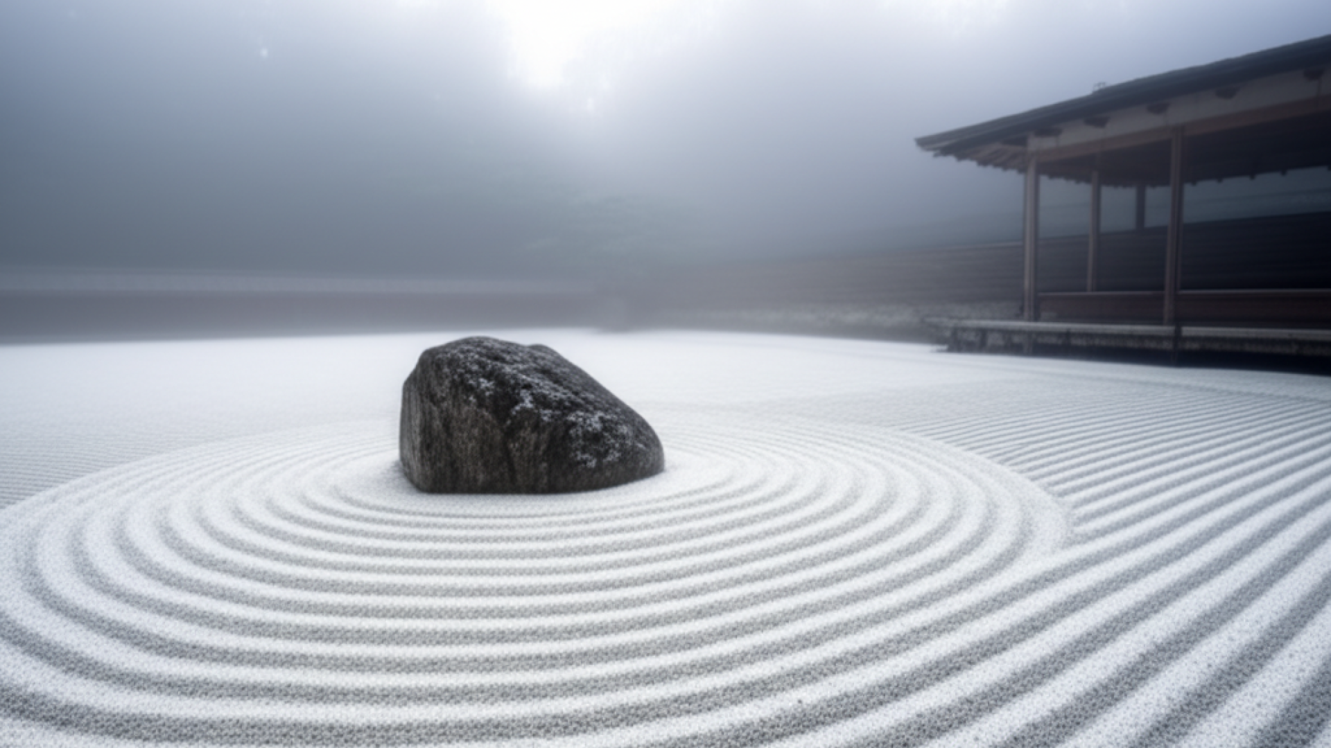 A serene Zen garden with a single stone and perfectly raked white sand, a soft morning mist in the b