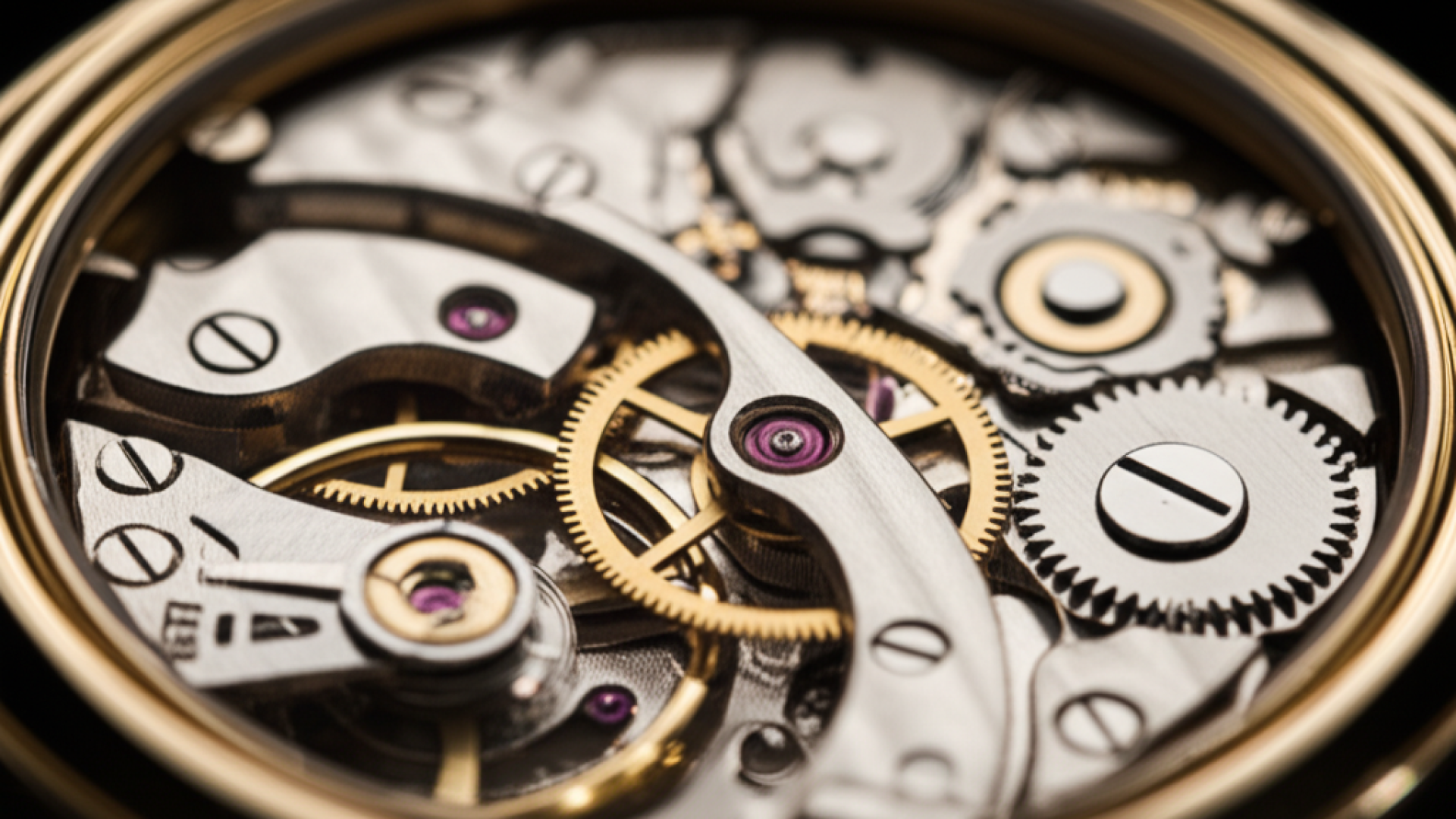 A close-up of a delicate mechanical watch movement, showing intricate gears and springs working in p