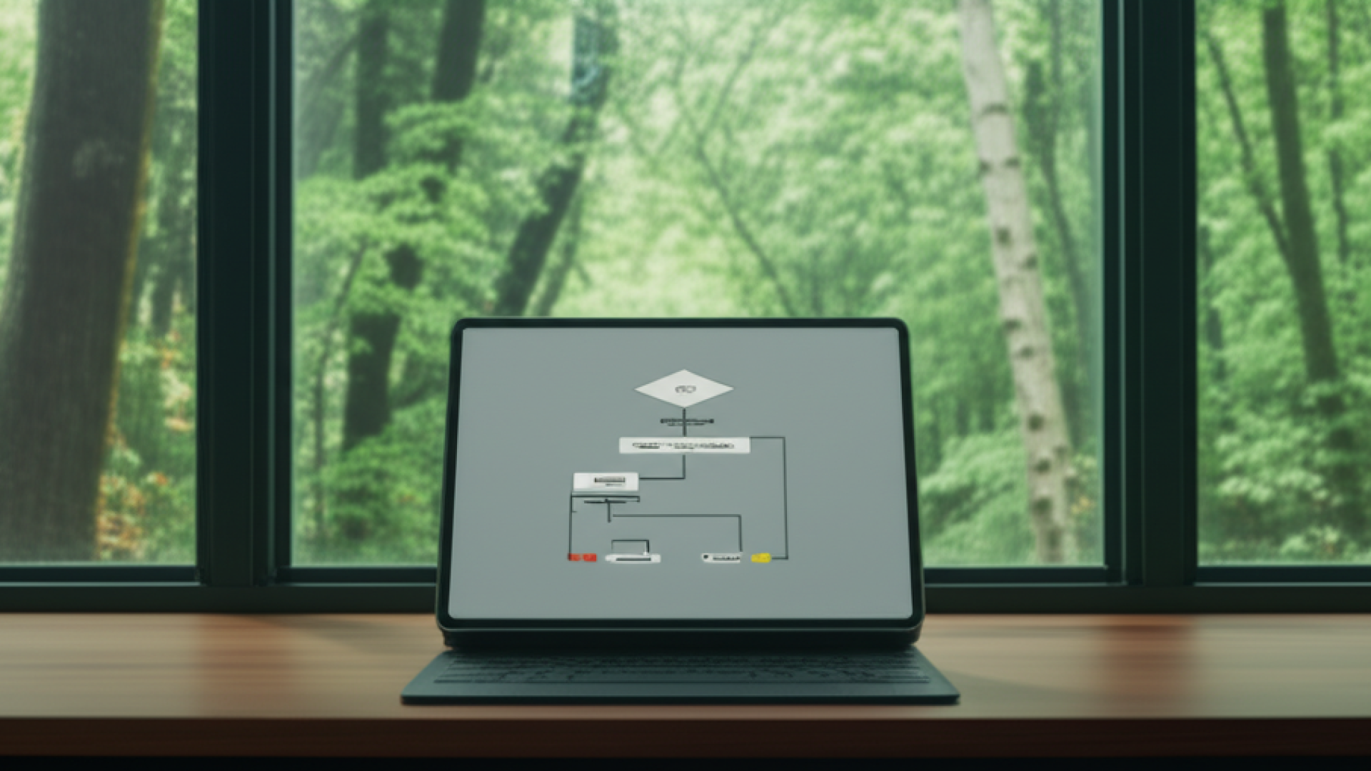 A modern, minimalist workspace with a large window overlooking a lush green forest, a single sleek t