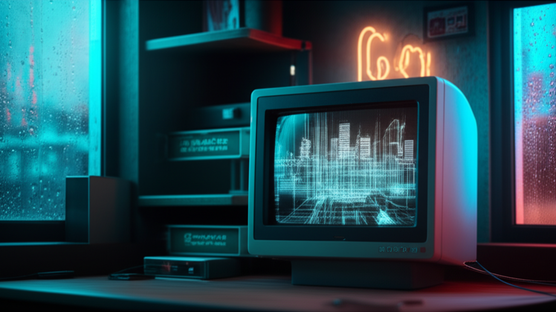 A cinematic shot of a dimly lit room in a Hong Kong apartment style, neon signs in turquoise and amb