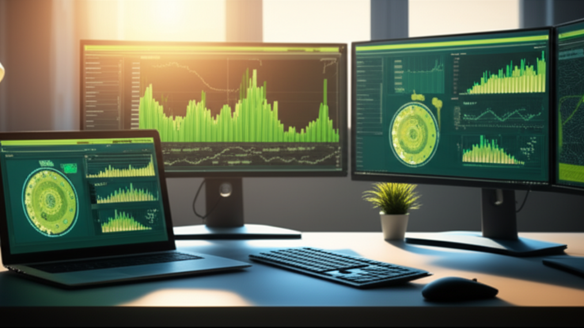 A high-tech office desk with a laptop and multiple monitors displaying vibrant data visualizations o