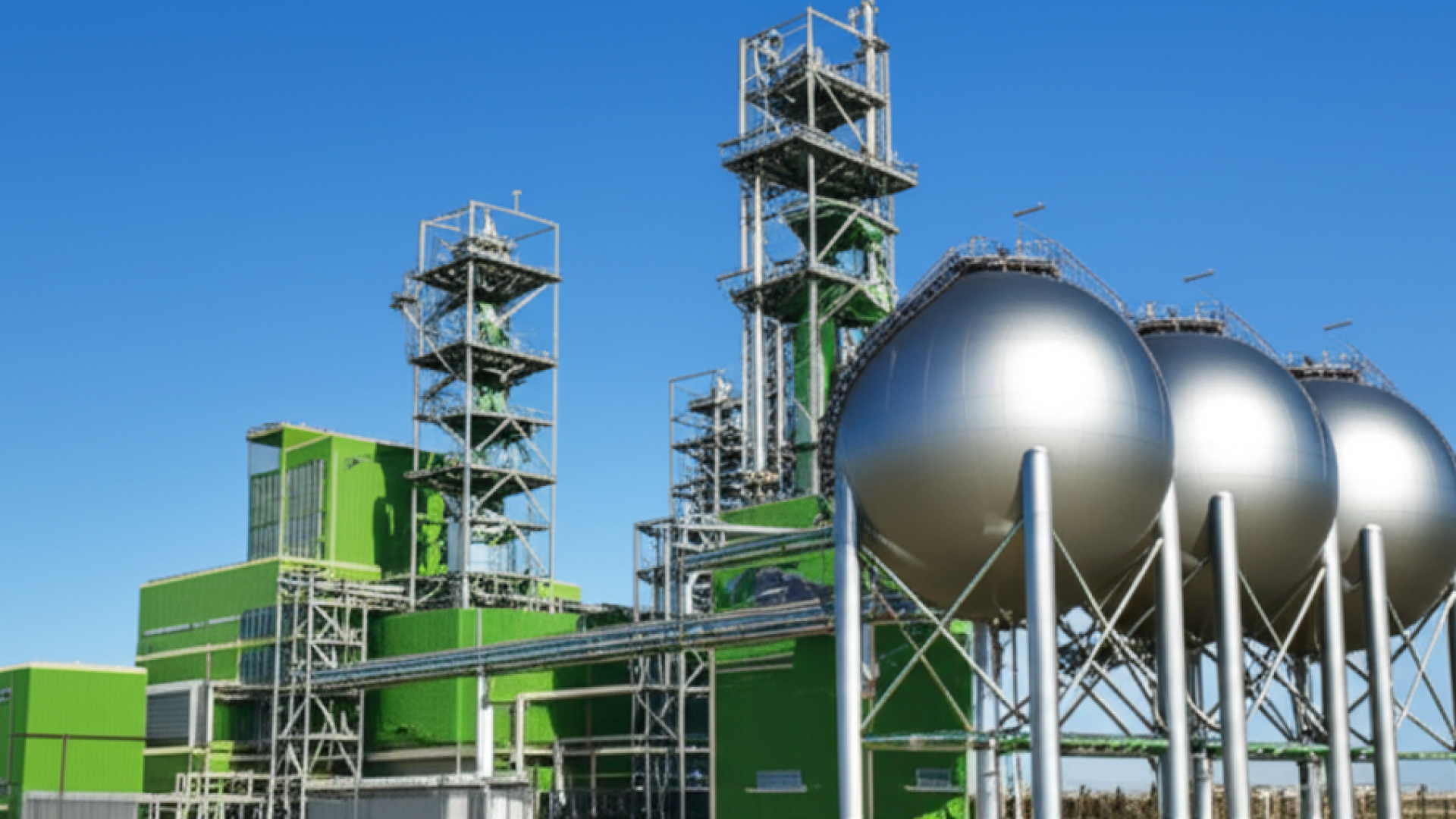 A futuristic green steel plant with large silver hydrogen storage spheres and clean industrial archi