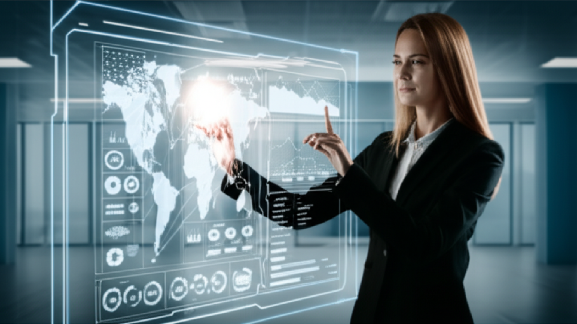 A professional woman in a modern minimalist office, interacting with a semi-transparent holographic 