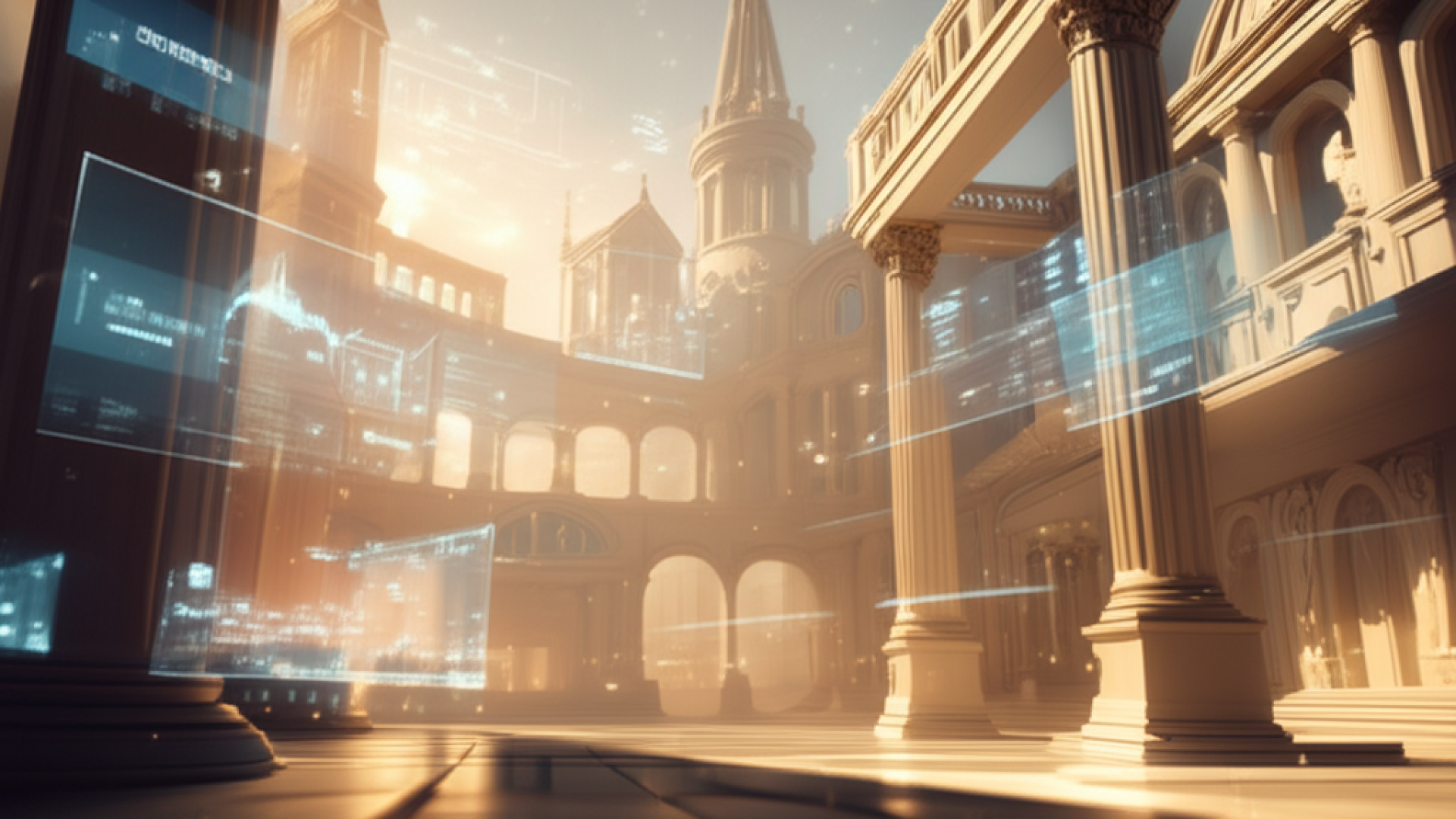 An ethereal digital landscape where classical European architecture blends seamlessly with floating