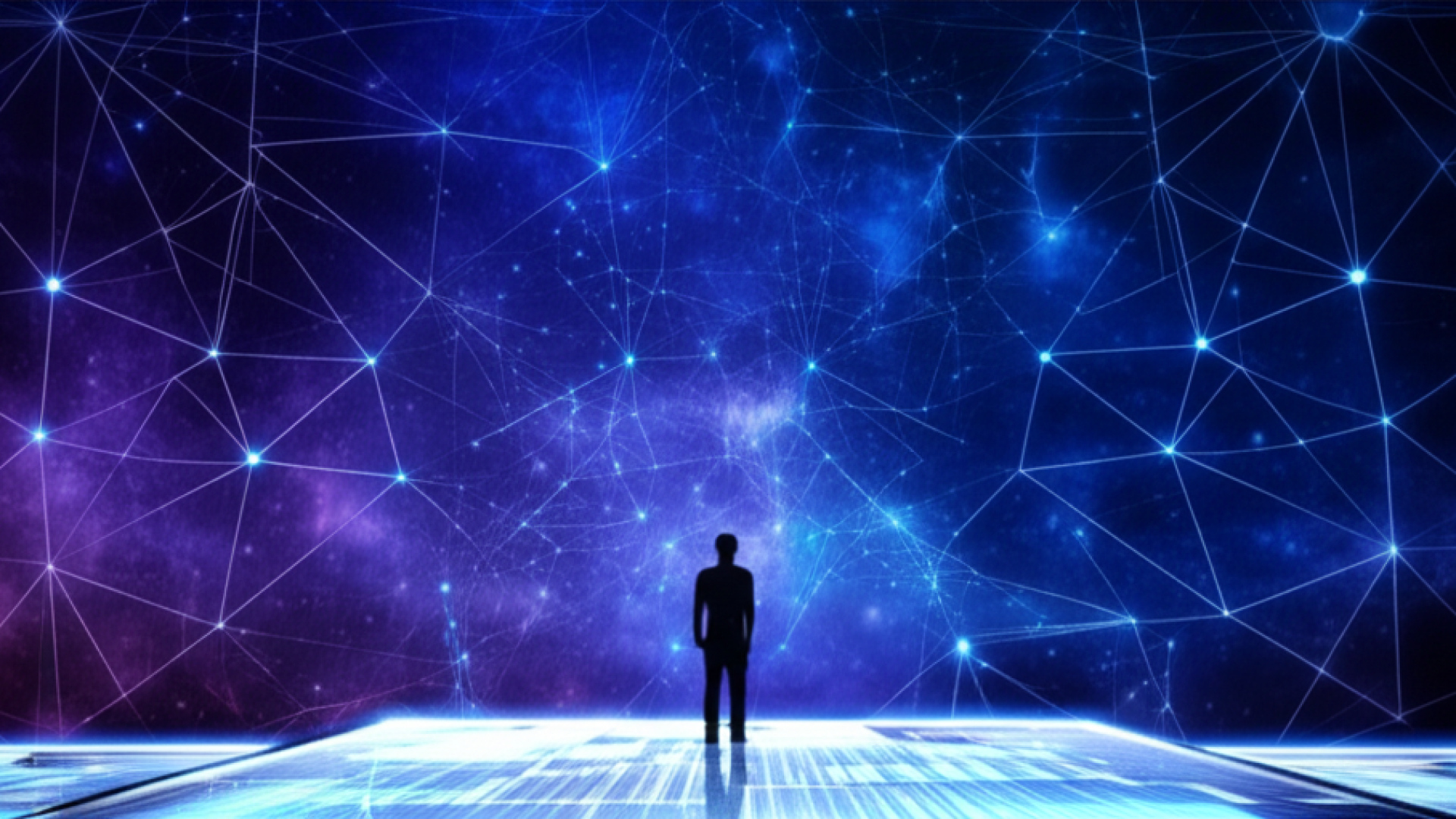 A lone silhouette of a person standing on a glowing digital platform, overlooking a vast, infinite n