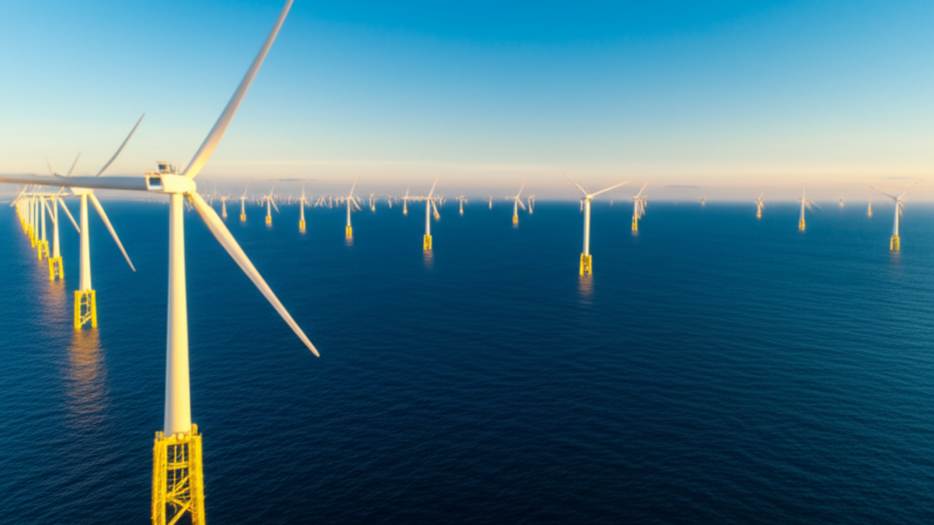 A vast offshore wind farm at sunset with massive turbines stretching into the horizon over a calm de