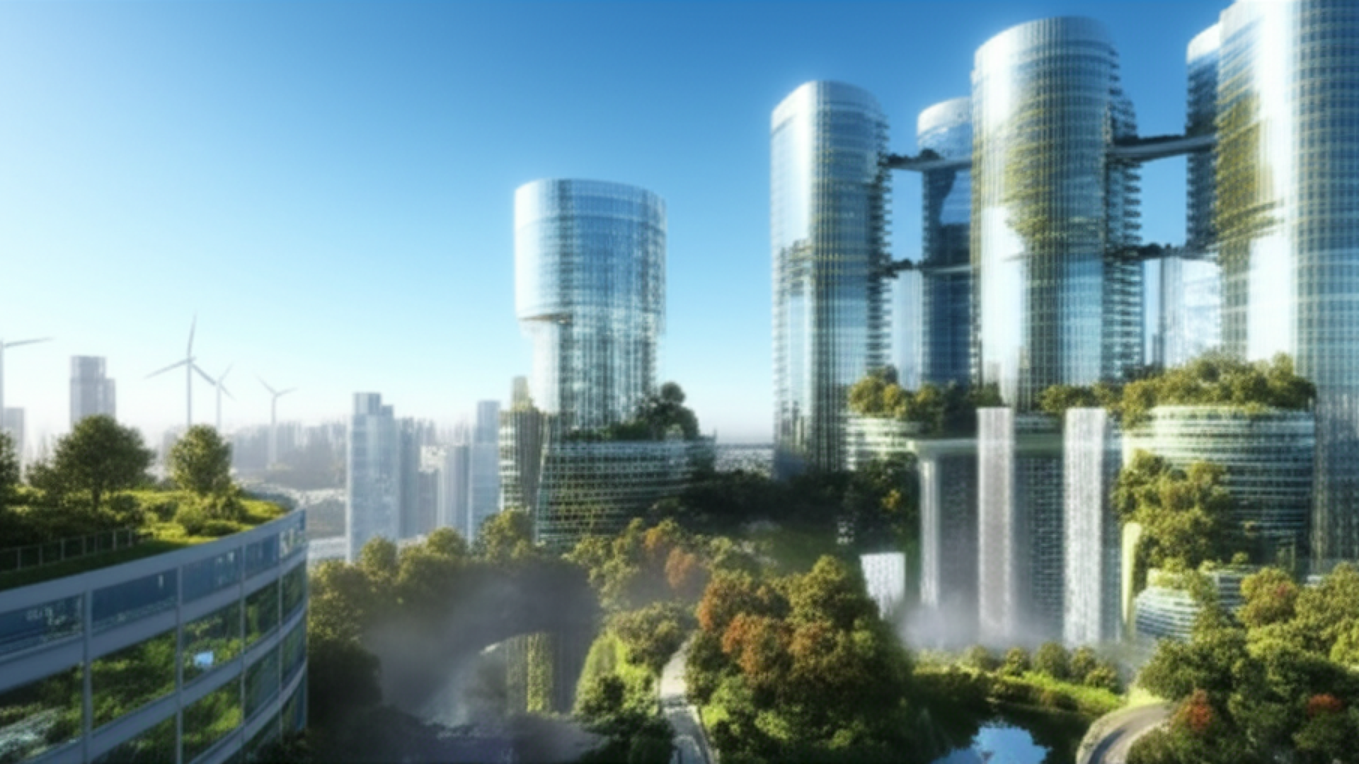 A futuristic, sustainable city integrated with lush greenery and waterfalls, high-tech glass buildin
