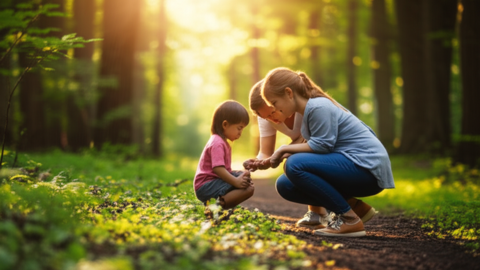 A wide shot of a lush, sun-dappled forest trail where a young child and a parent are crouching down 