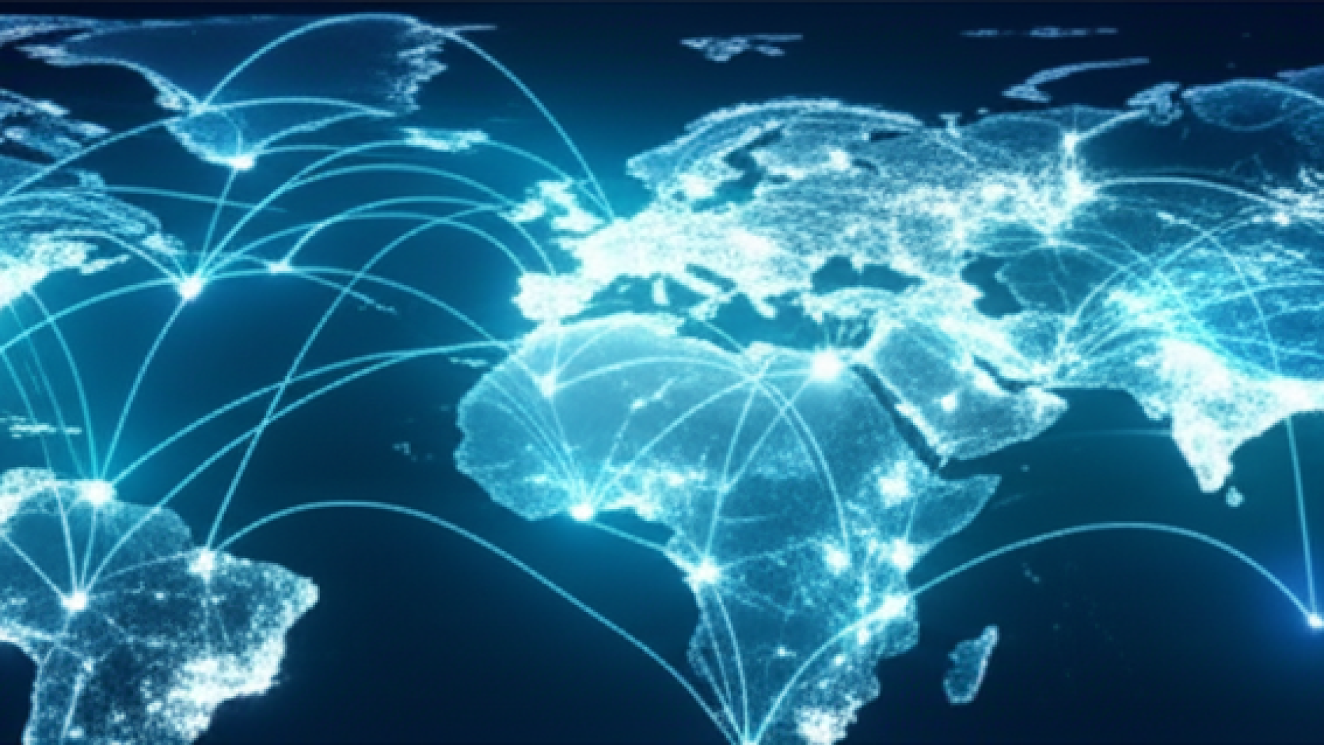 A complex digital network of glowing nodes and connections spanning across a global map, representin
