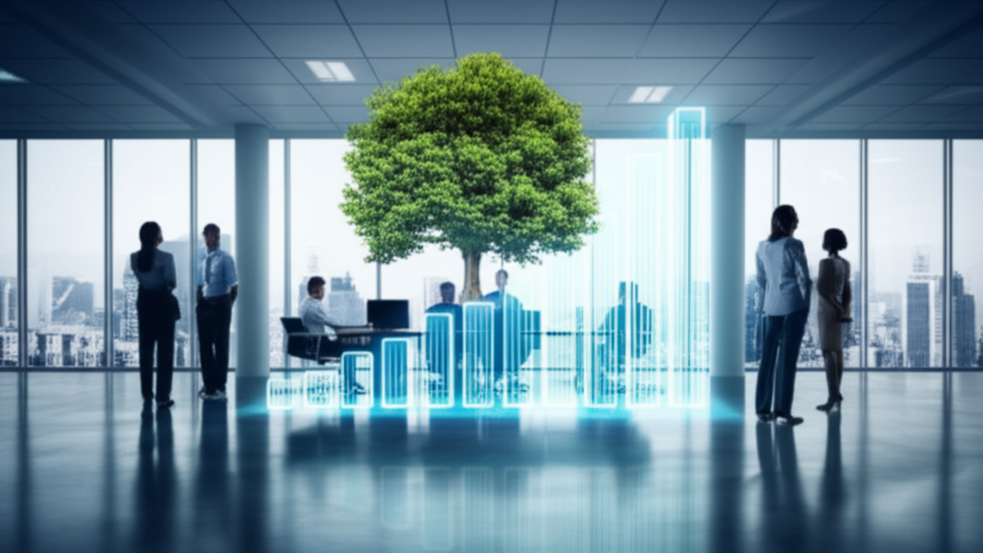 A professional business boardroom with a large holographic projection of a tree growing out of a dig