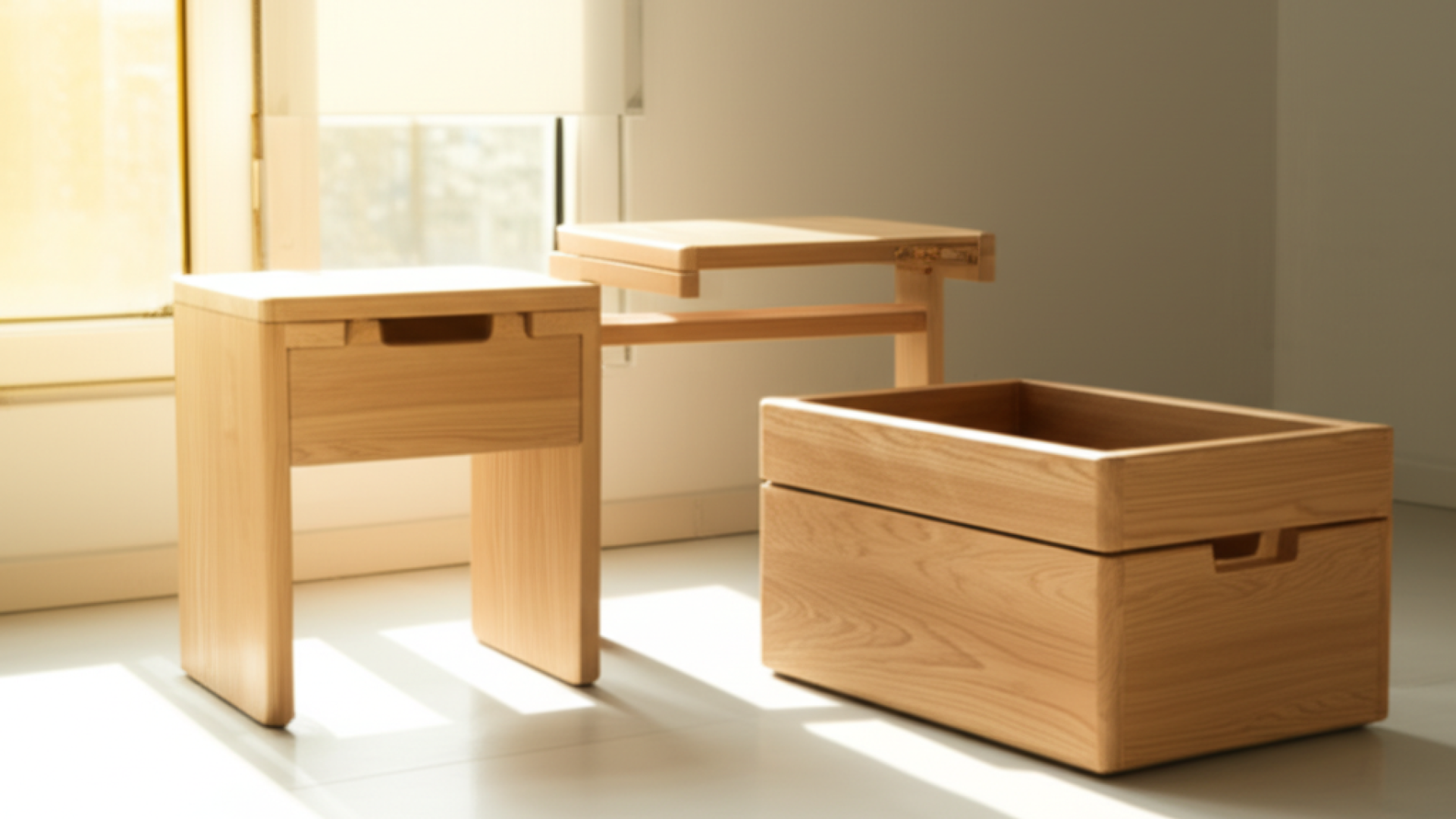 A minimalist modular wooden furniture piece in a bright, modern studio, showing its transformation f