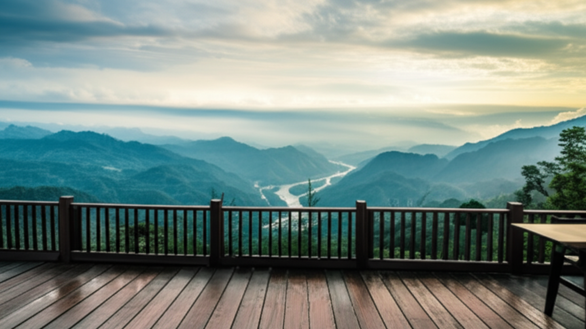 A modern wooden terrace of a cafe overlooking lush green misty mountains and a winding river valley 
