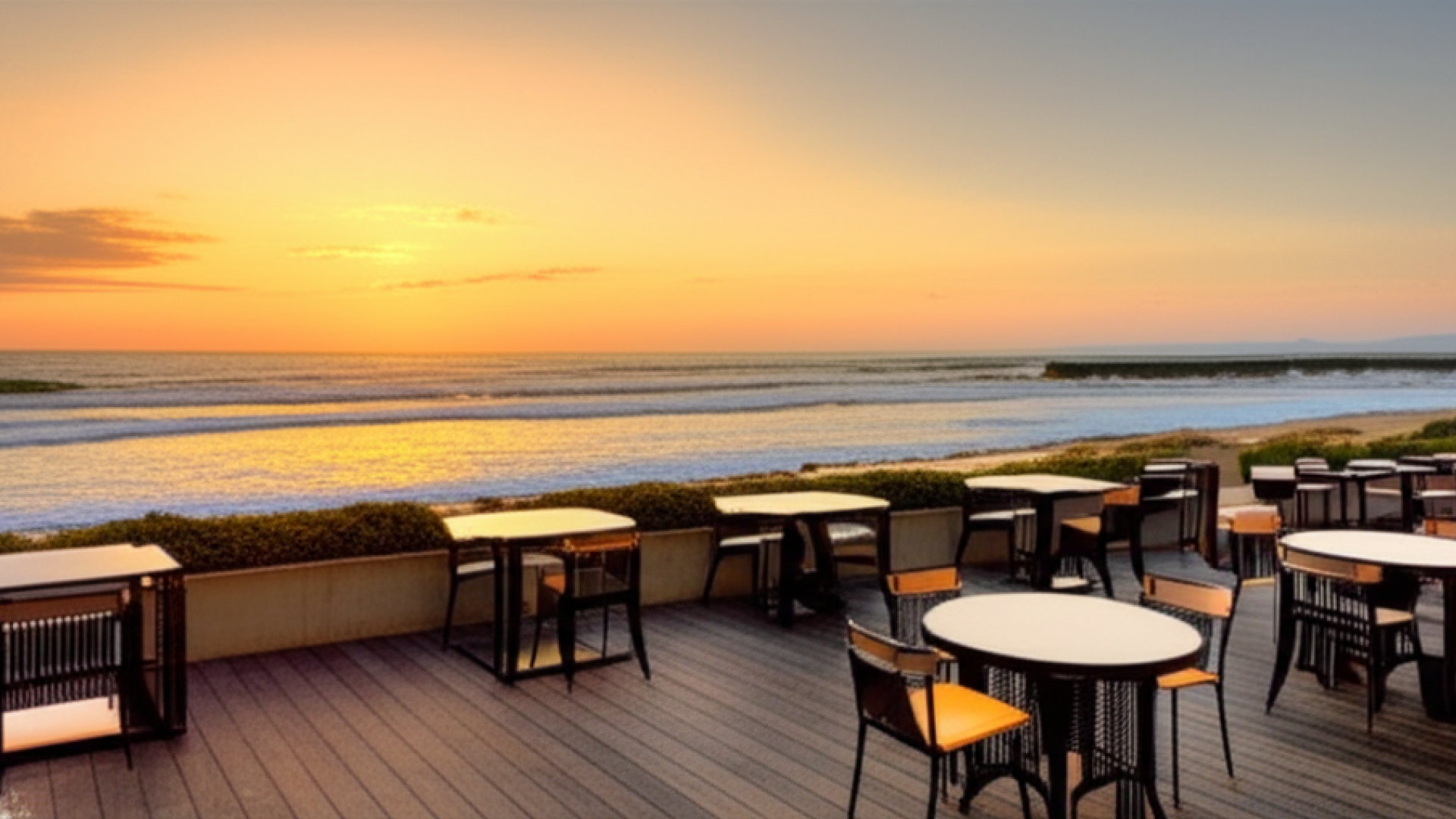 A stylish outdoor seating area of a coastal cafe during golden hour, facing the Taiwan Strait with w