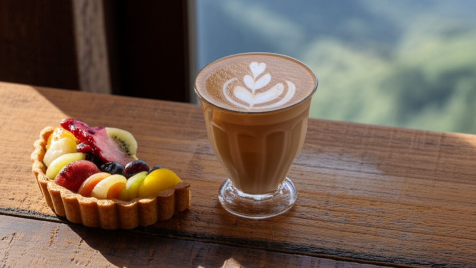 Close-up of a latte with intricate foam art and a slice of artisanal fruit tart on a rustic wooden t