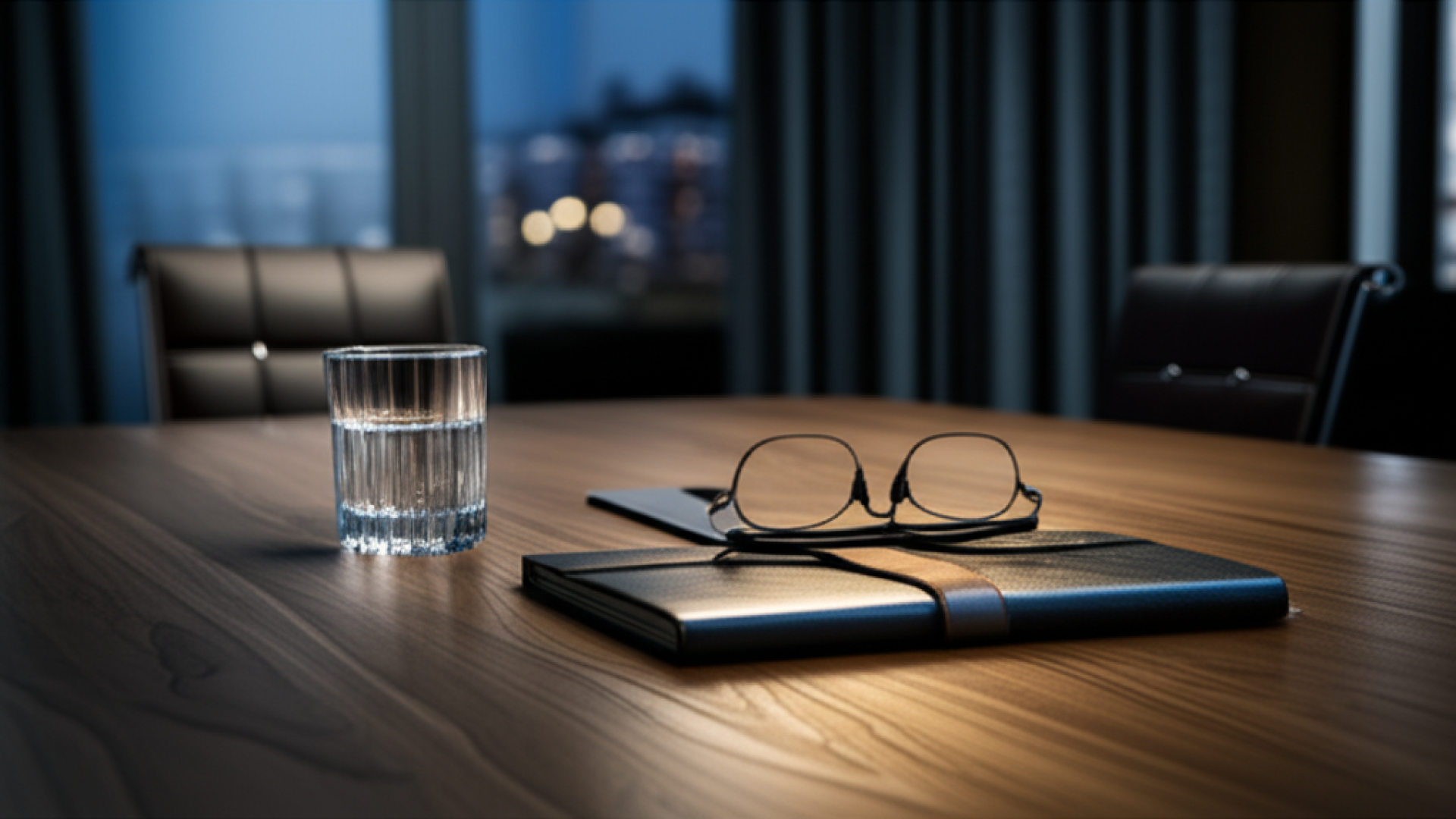 A close-up of a dark wooden conference table in a dimly lit, upscale meeting room. On the table sits