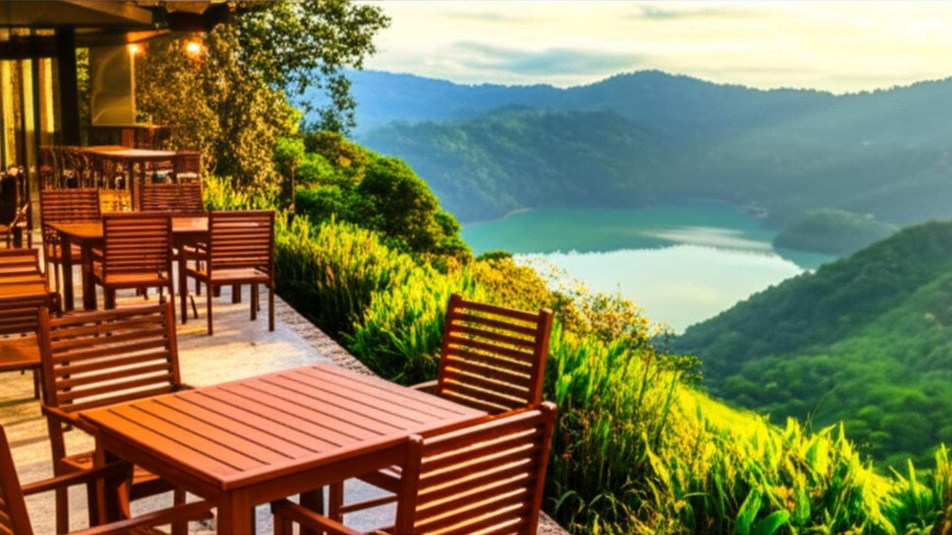 A serene outdoor cafe terrace in Taoyuan overlooking a misty green valley and a calm lake during sun