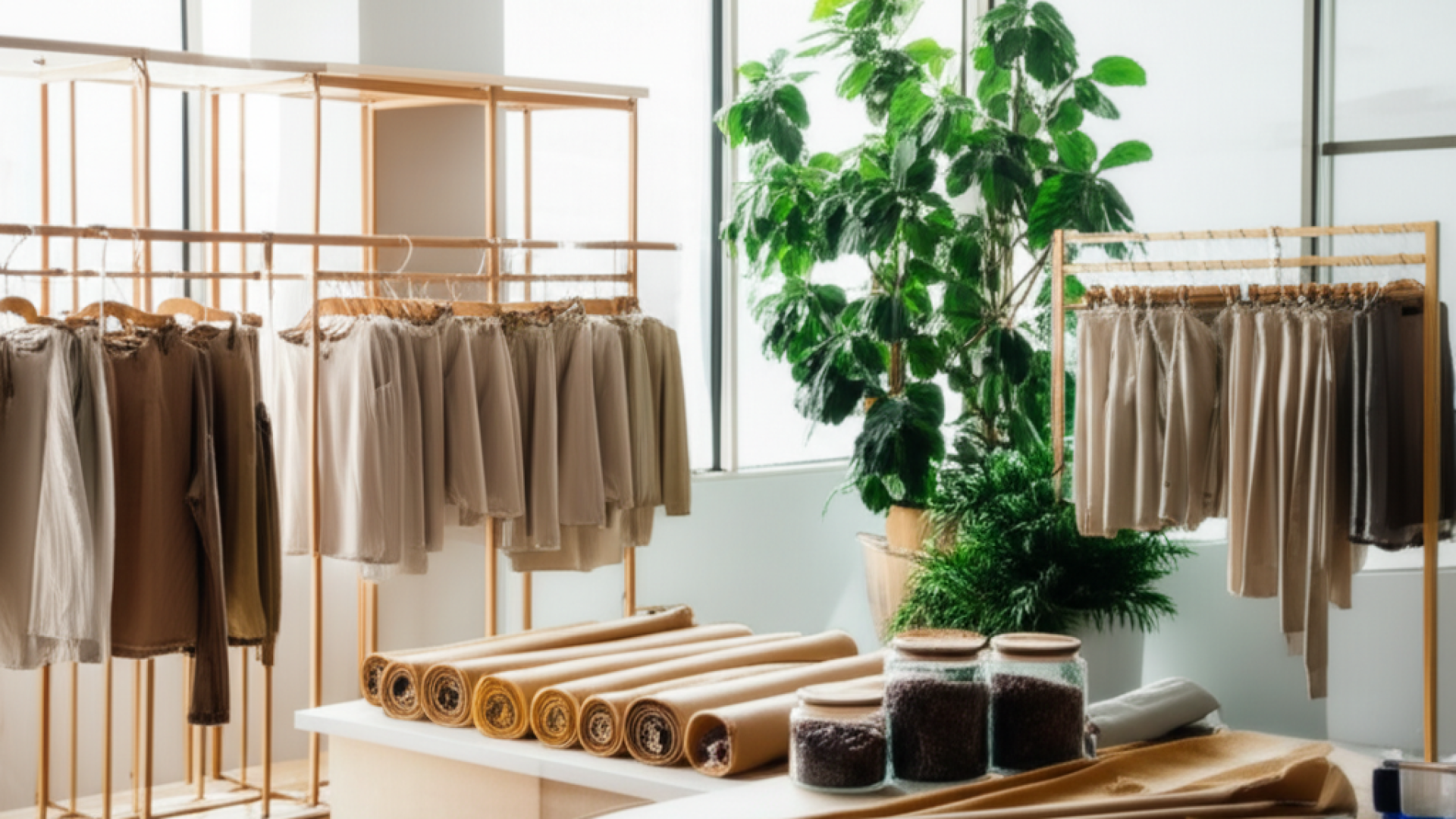 A minimalist eco-friendly concept store interior, wooden racks holding neutral-toned garments, large