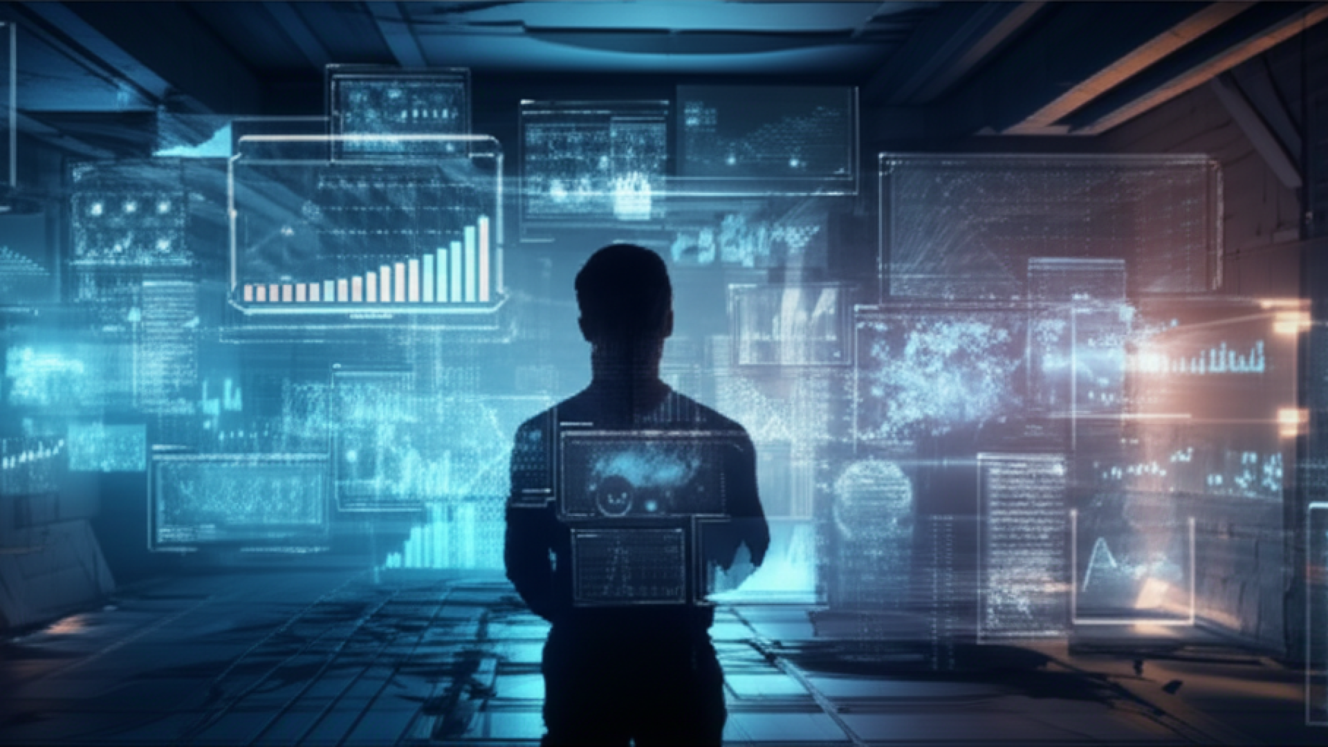 A futuristic laboratory setting with holographic data streams and complex probability charts floatin