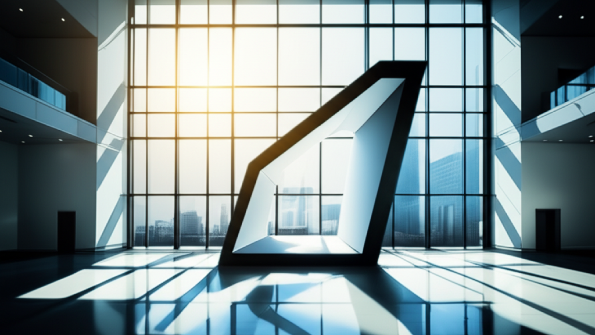 A minimalist, professional office lobby with a large, glowing abstract geometric sculpture represent