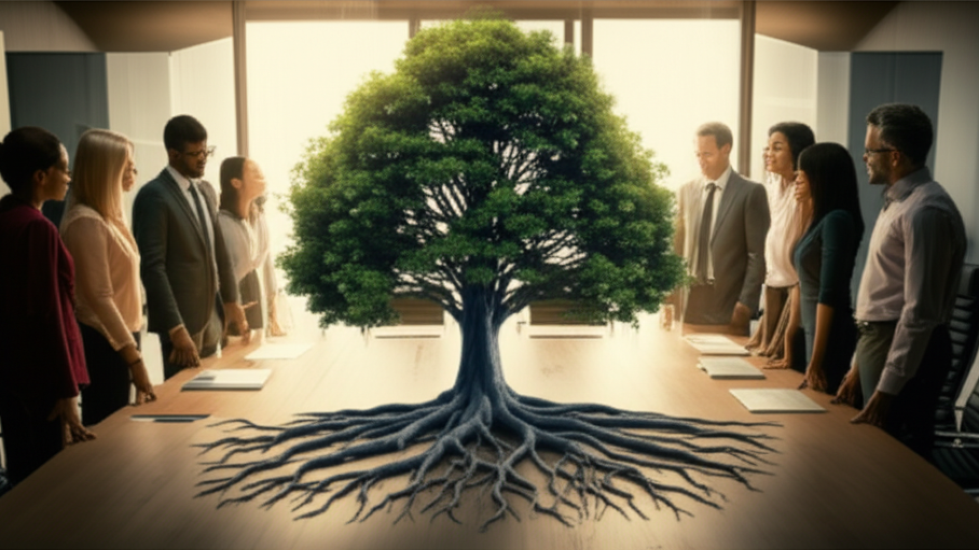 A diverse group of professional colleagues standing around a large wooden table in a high-tech meeti