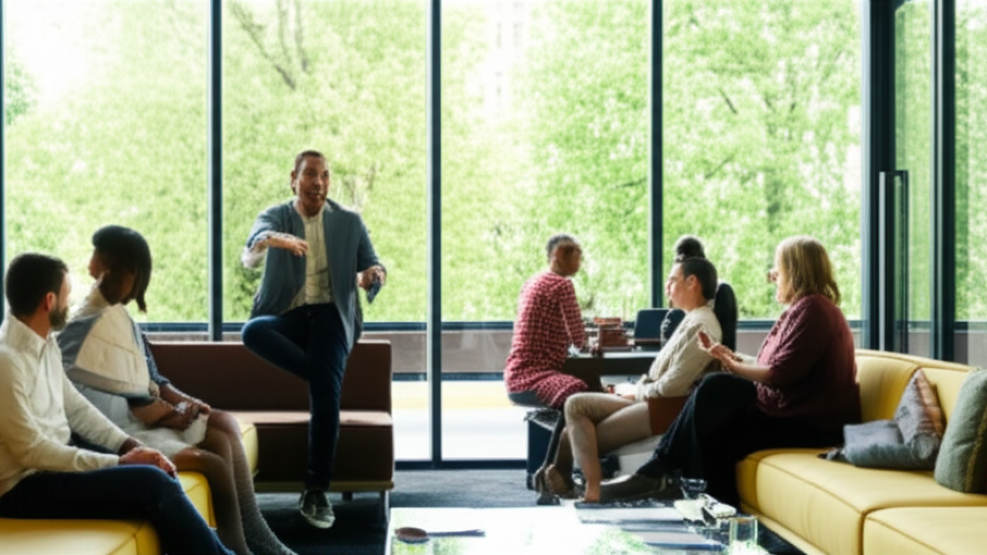 A modern, sun-lit office lounge where a diverse group of employees are engaged in a relaxed and auth