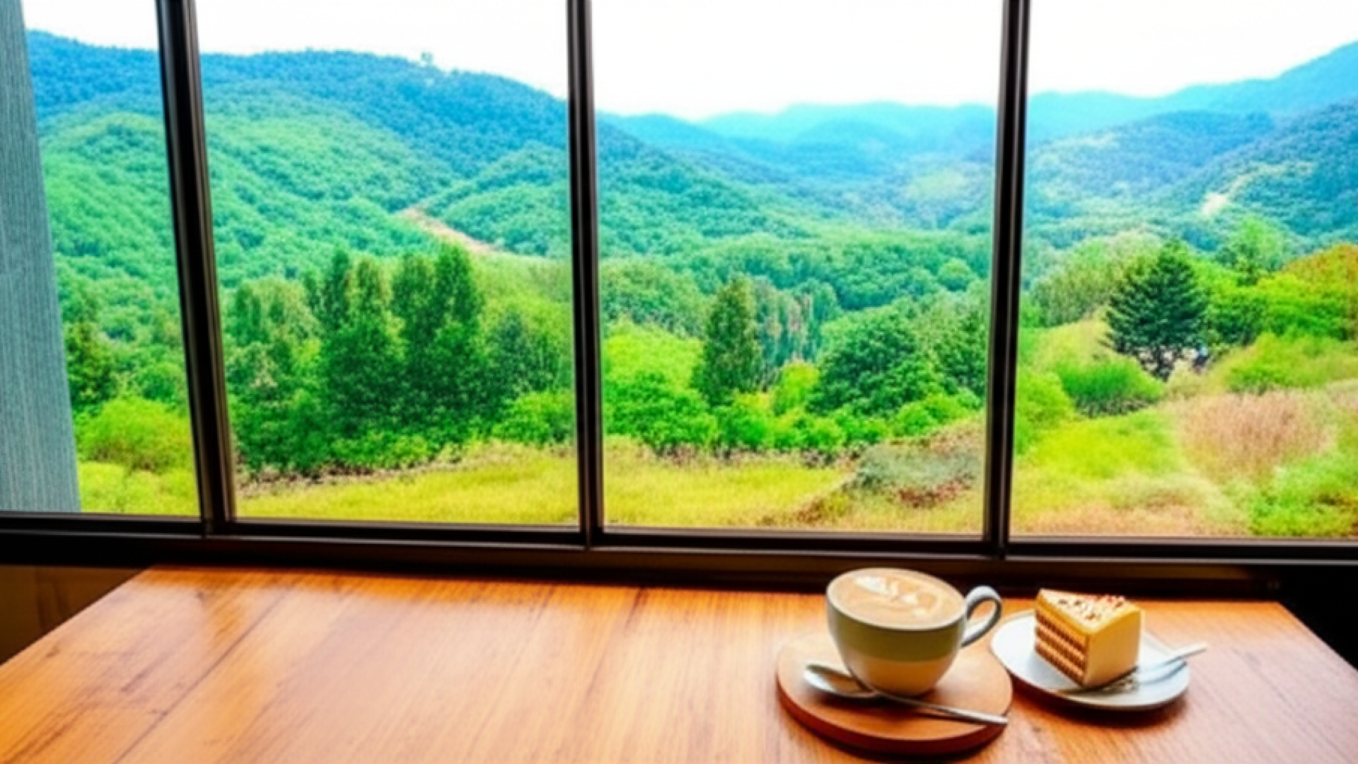 A cozy modern cafe interior with large glass windows overlooking a lush green valley and rolling hil
